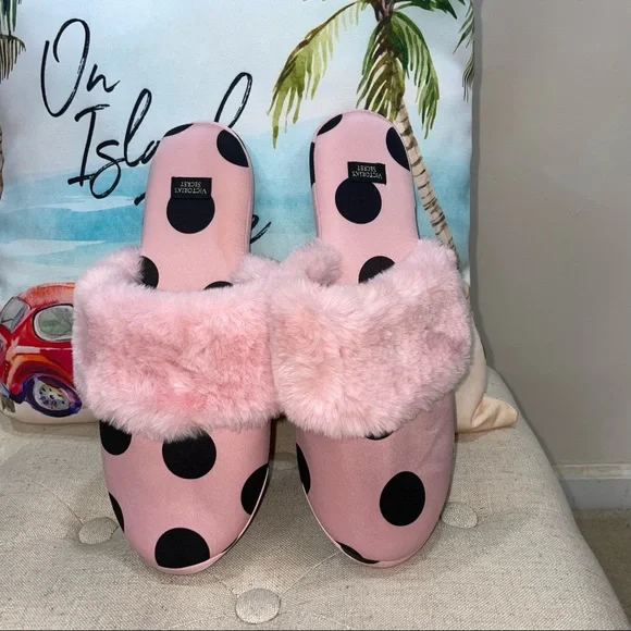 Victoria's Secret NWOT! Signature Pink/Black Satin Polka Dot Faux Fur Slippers - Picture 2 of 8